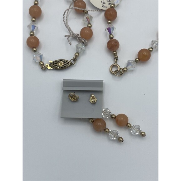 Peach Adventurine Stone & AB Bicone Crystal Necklace, Bracelet & Earring Set New - Picture 7 of 7